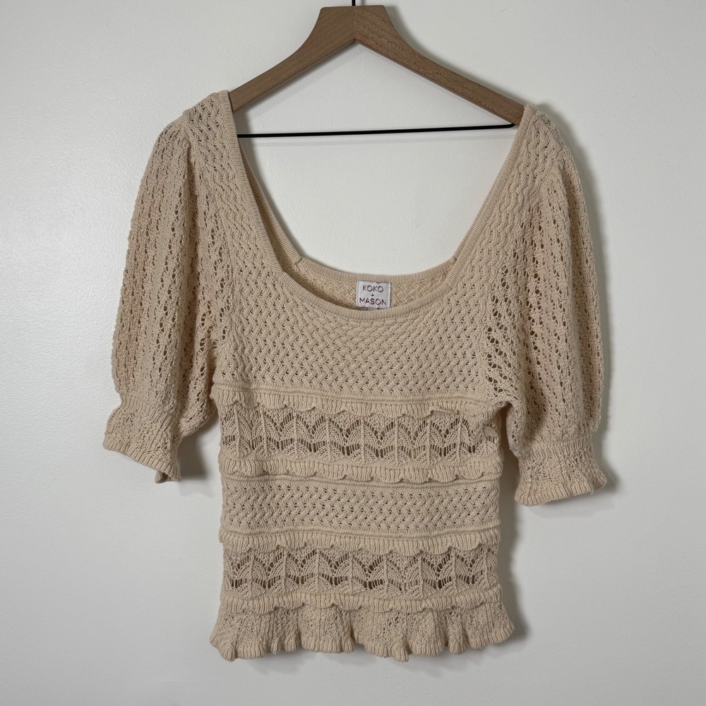 Crochet Knit Top Womens Small Beige Puff Sleeve Coastal Boho Cottagecore Beachy‎